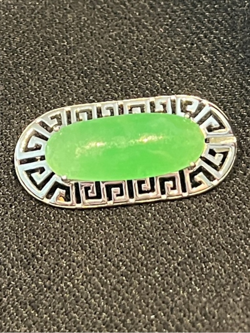 Vintage Greek Key Brooch Green Cabochon Stone Art Deco Style Pin